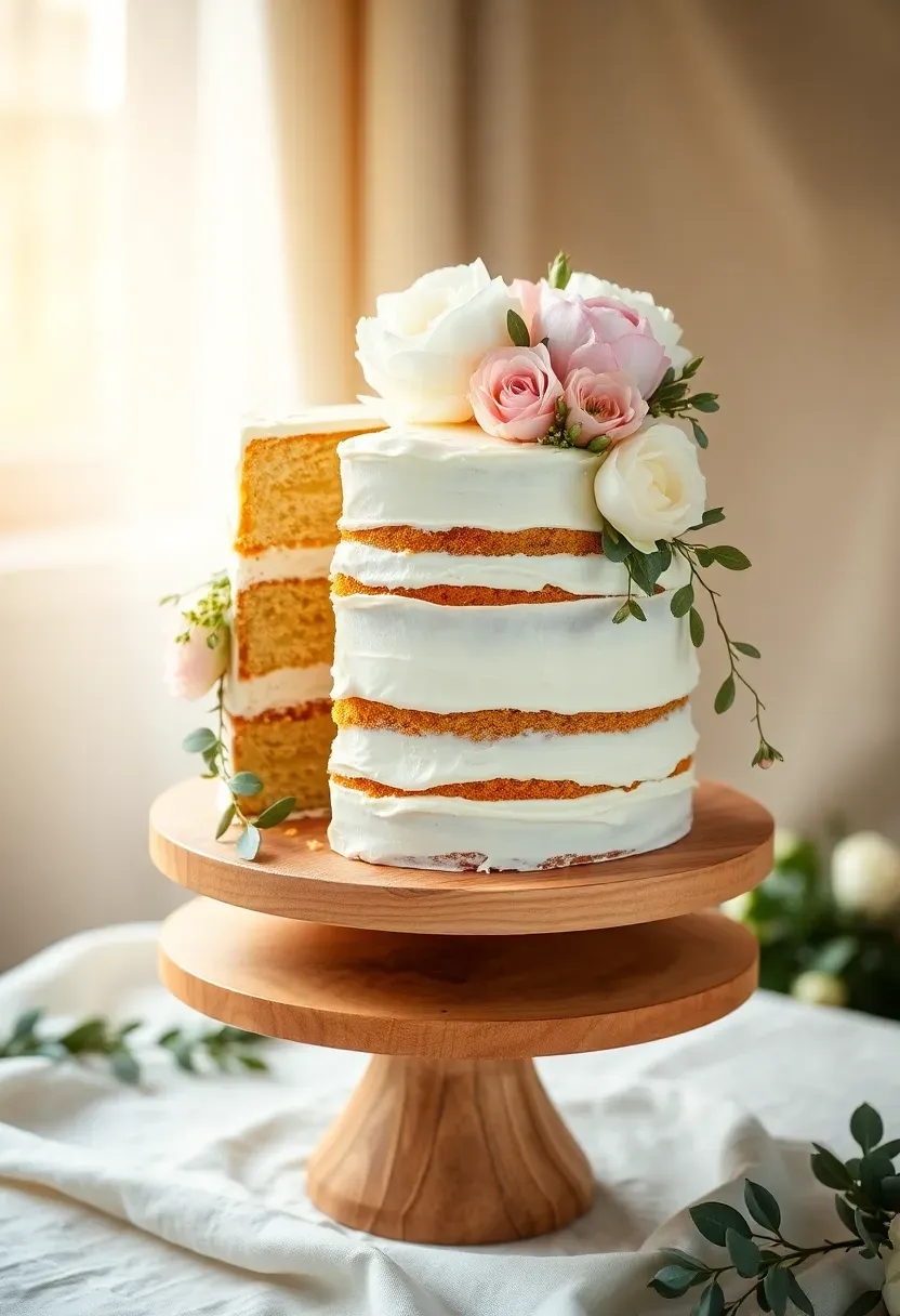 rustic naked baby shower cake with layers of vanilla sponge whipped cream and fresh flowers including peonies and eucalyptus on a wooden stand