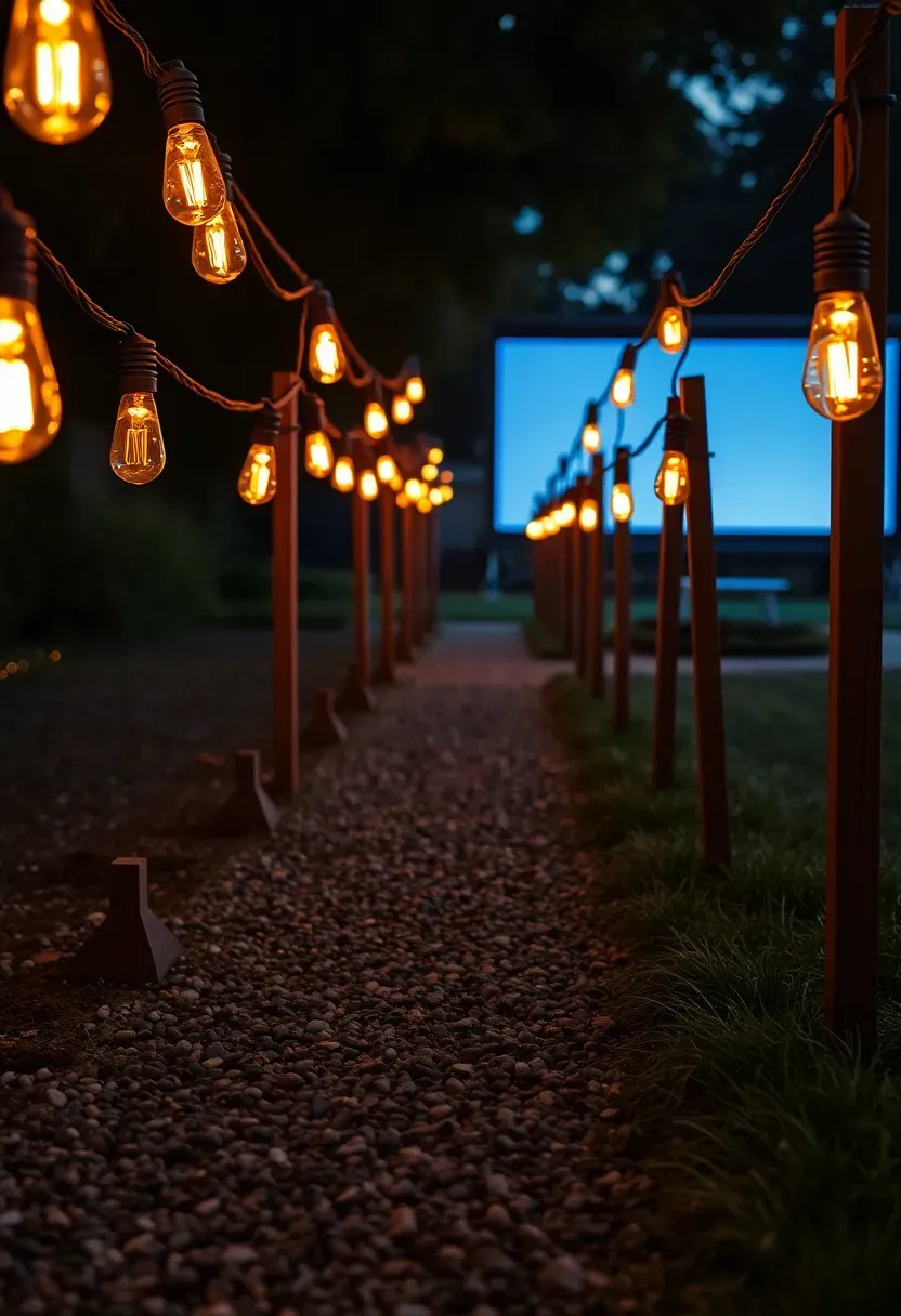 A backyard pathway lined with warm Edison bulb string lights hung low between short wooden posts, leading toward an outdoor movie screen