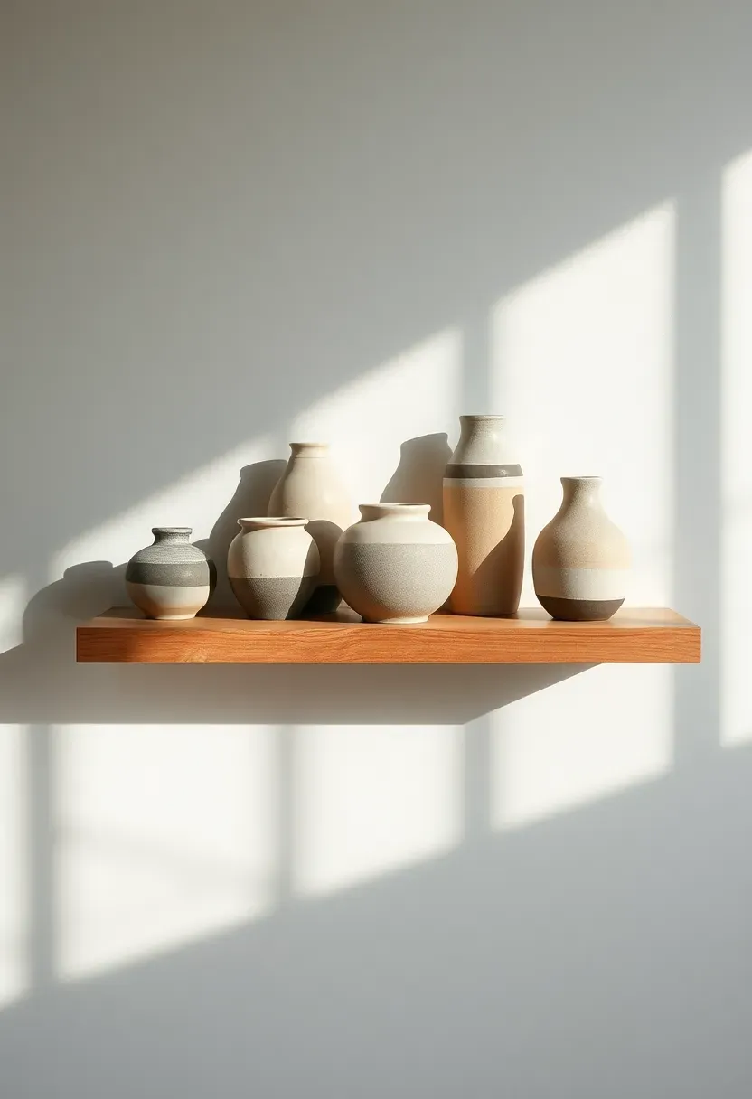 Hyper-realistic close-up view of curated collection display on floating wood shelf. Materials: six hand-thrown ceramic vessels in varied cream and gray tones, oak shelf 2 inches thick, white wall background. Soft diffused side light creating shadows emphasizing each piece's form. Generous spacing between items. Minimalist presentation with studied vignette feel.</p>
