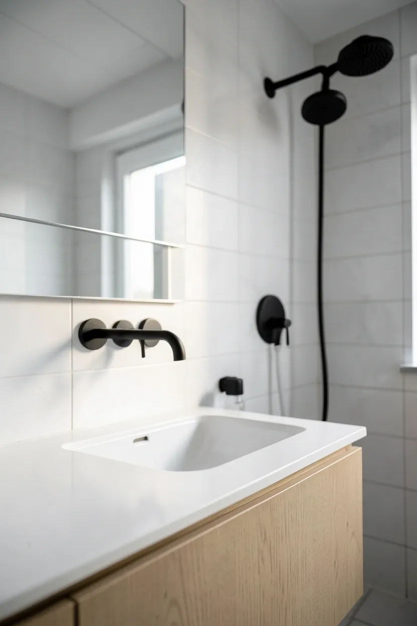 Matte black wall-mounted faucet and hardware contrasting against white ceramic sink and oak vanity in minimalist bathroom