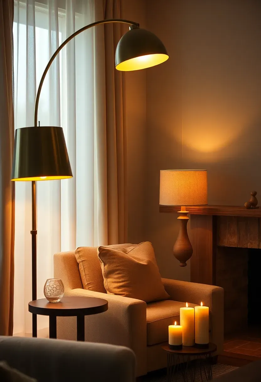 Layered lighting in a living room with floor lamp, table lamp, and ceiling pendant at different heights