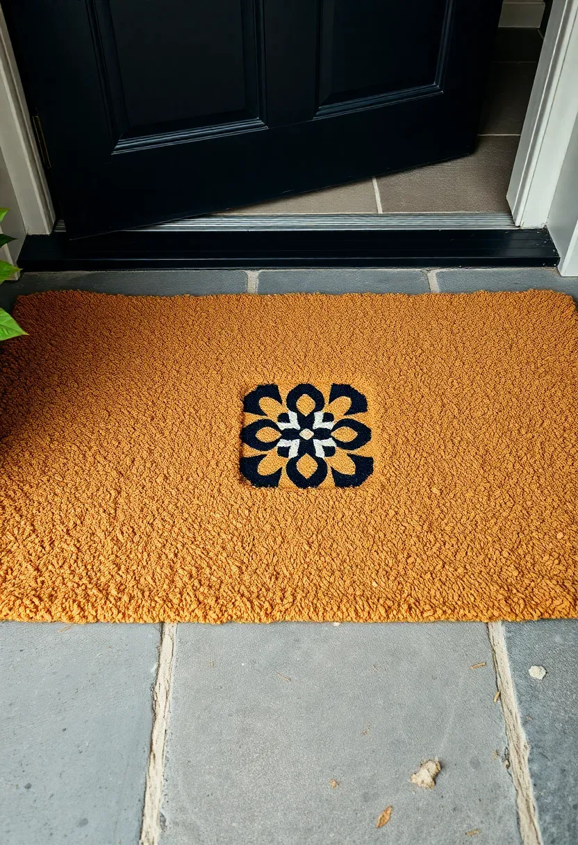 Layered doormat arrangement with a large natural coir base mat and a smaller patterned rubber mat on top