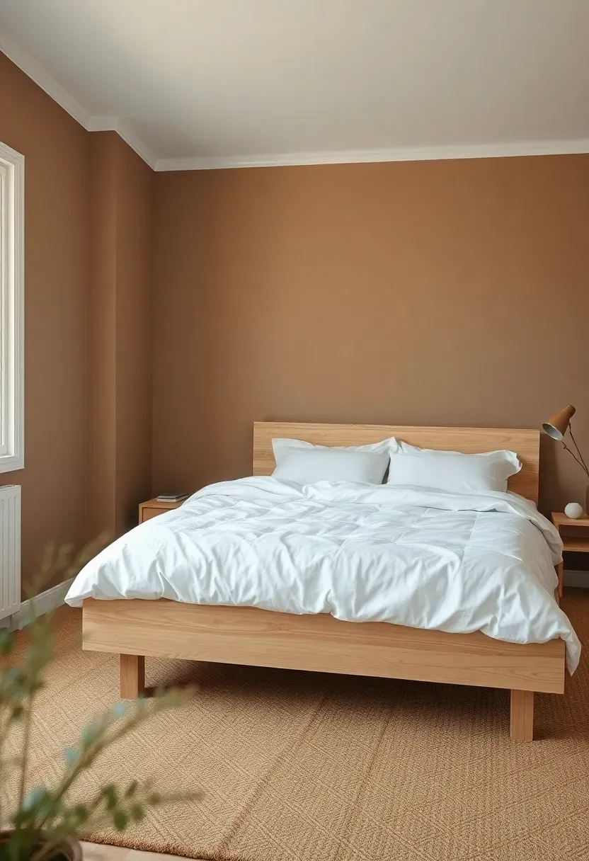 Hyper-realistic 3/4 view of warm minimalist bedroom with dark beige walls, white ceiling, light oak platform bed with white linen bedding, jute rug. Materials: dark beige paint with warm undertones, white trim, light oak wood, crisp white linen, natural jute. Warm diffused natural light from window left, soft ambient light. Serene minimalist mood, shallow depth of field with sharp bed details foreground. No text, no logos, no watermarks.</p>