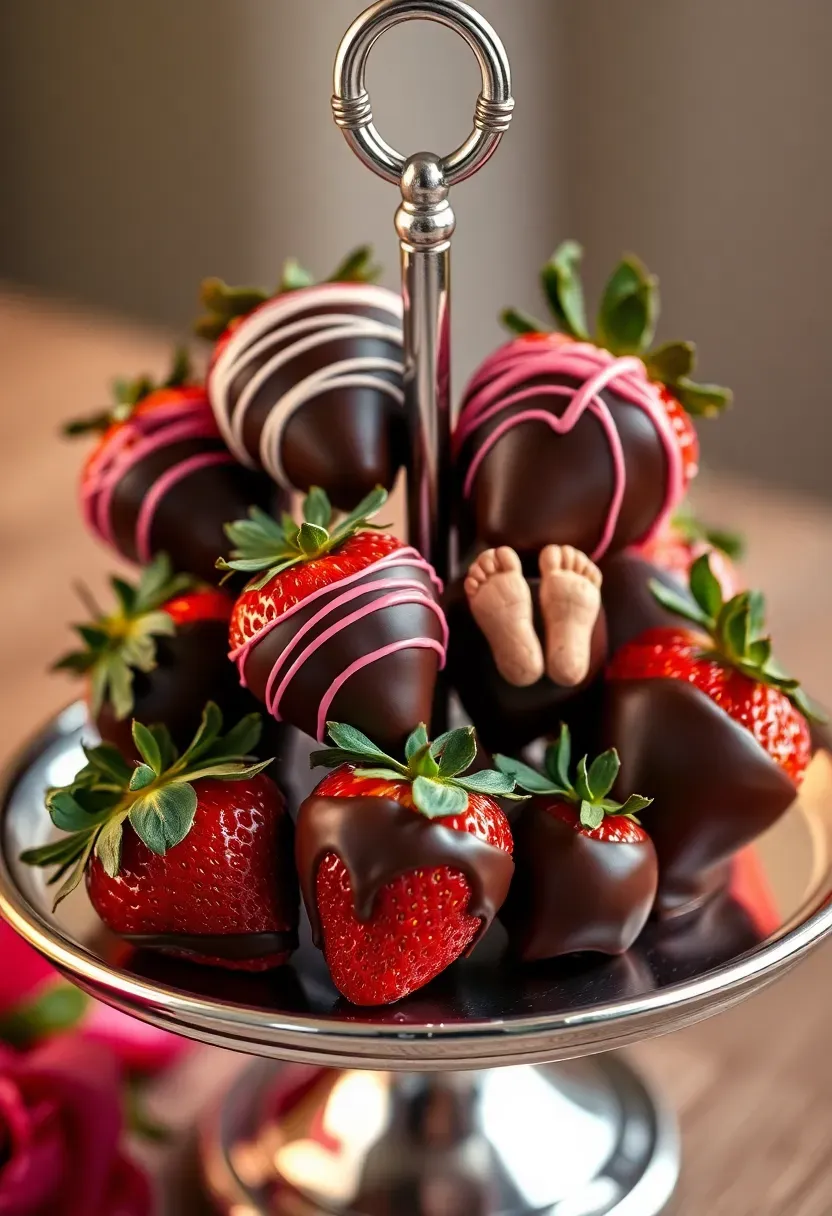 chocolate dipped strawberries decorated with white and pink drizzle and tiny fondant baby feet arranged on a tiered silver stand