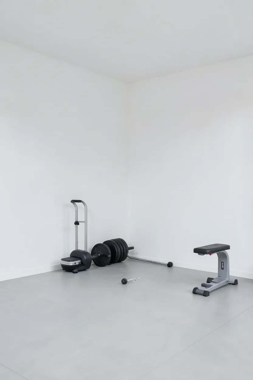 Minimal small gym room embodying purposeful minimalism — every equipment piece intentionally chosen, clean surfaces, nothing kept without a clear training purpose