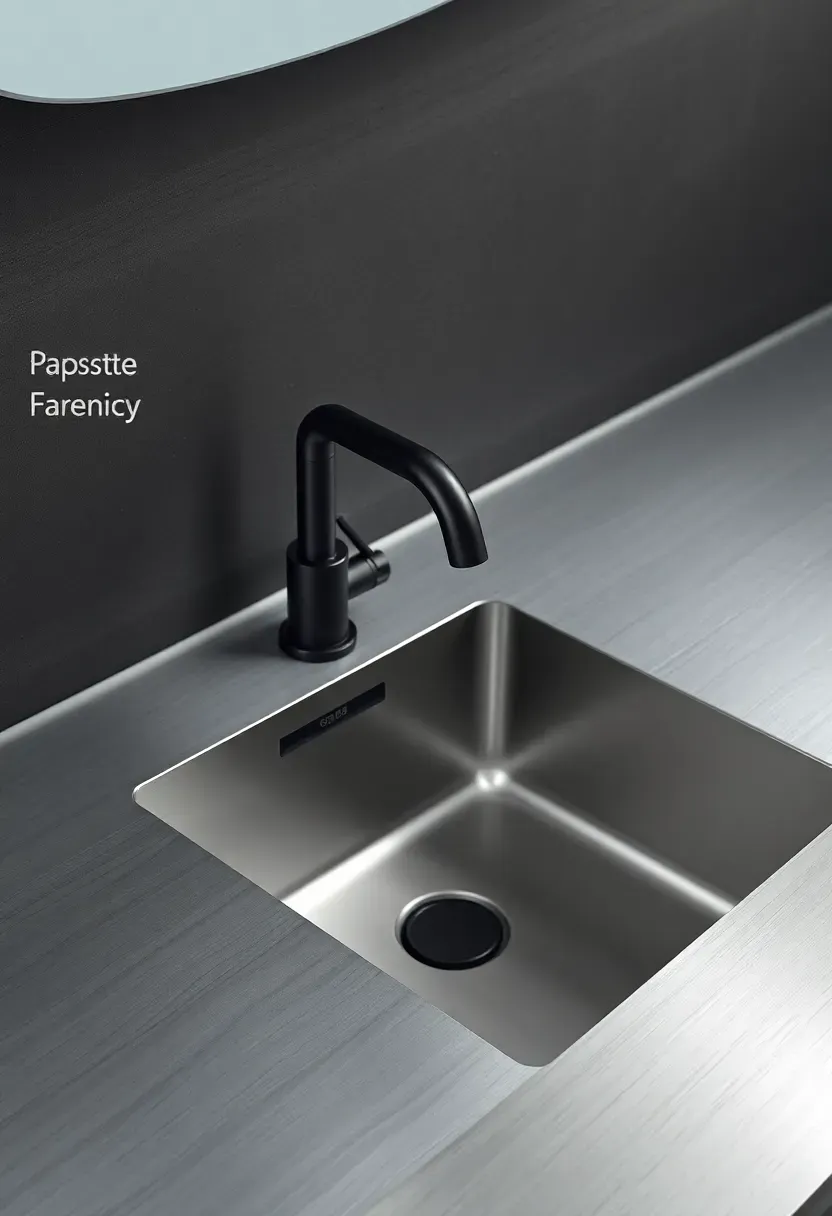 Brushed stainless steel bathroom countertop with an undermount sink in a contemporary minimalist bathroom
