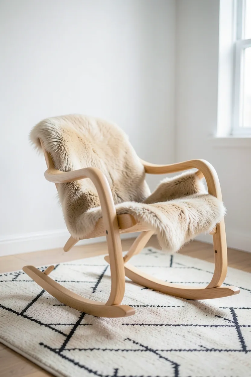 Steam-bent bentwood rocking chair with sheepskin throw in a cozy vintage Scandinavian living room reading nook