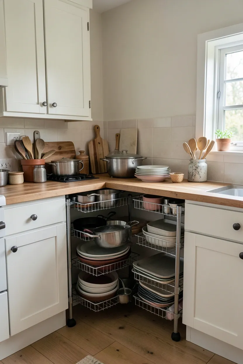 Lazy Susan corner cabinet maximizing storage in a small cottage kitchen — every inch utilized for pots and pantry items