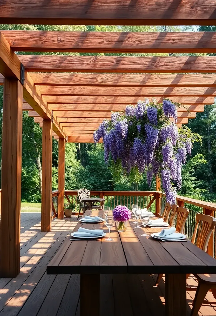 Backyard deck with an attached wooden pergola creating dappled shade, climbing vines growing on one side, and a dining table set underneath
