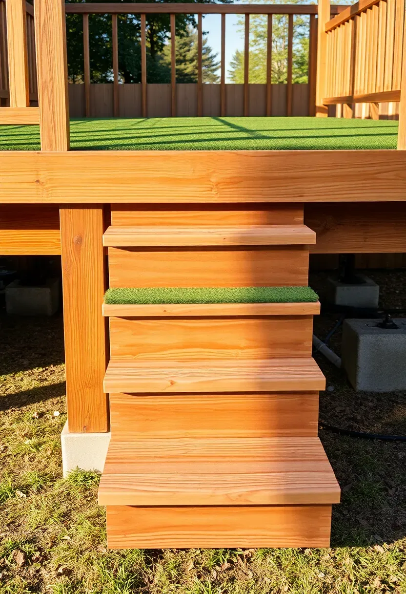 Raised wooden platform with synthetic putting turf on top accessed by a short set of steps in a backyard