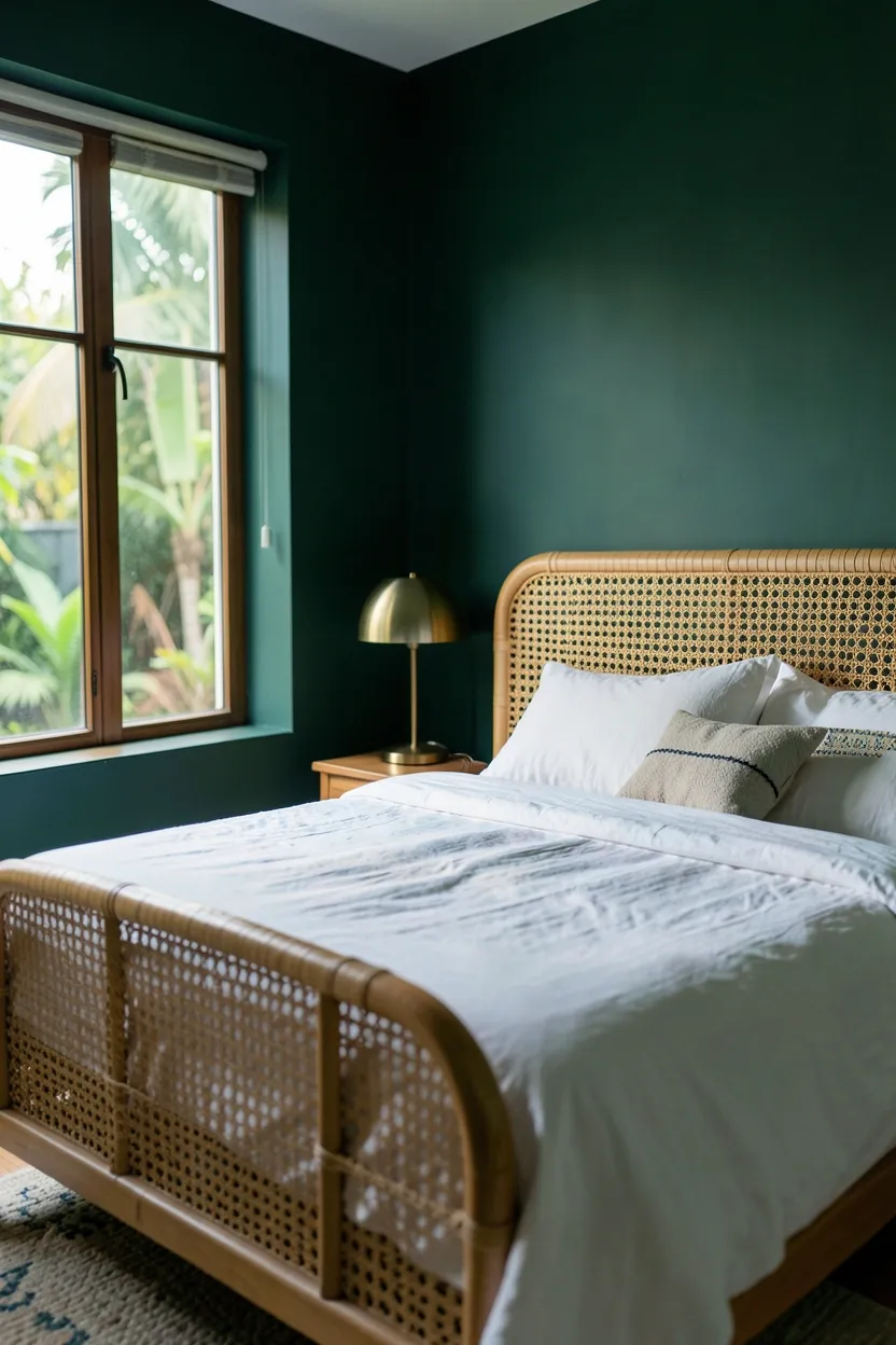 Boho bedroom with deep emerald green walls, rattan bed frame, cream bedding, and brass accent lamp