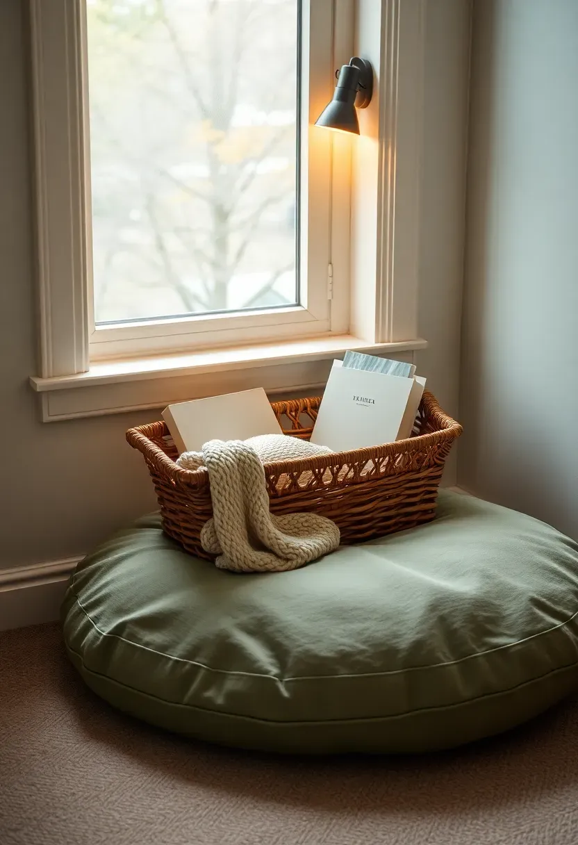 cozy dorm reading nook with floor cushion blanket basket and clip-on reading light