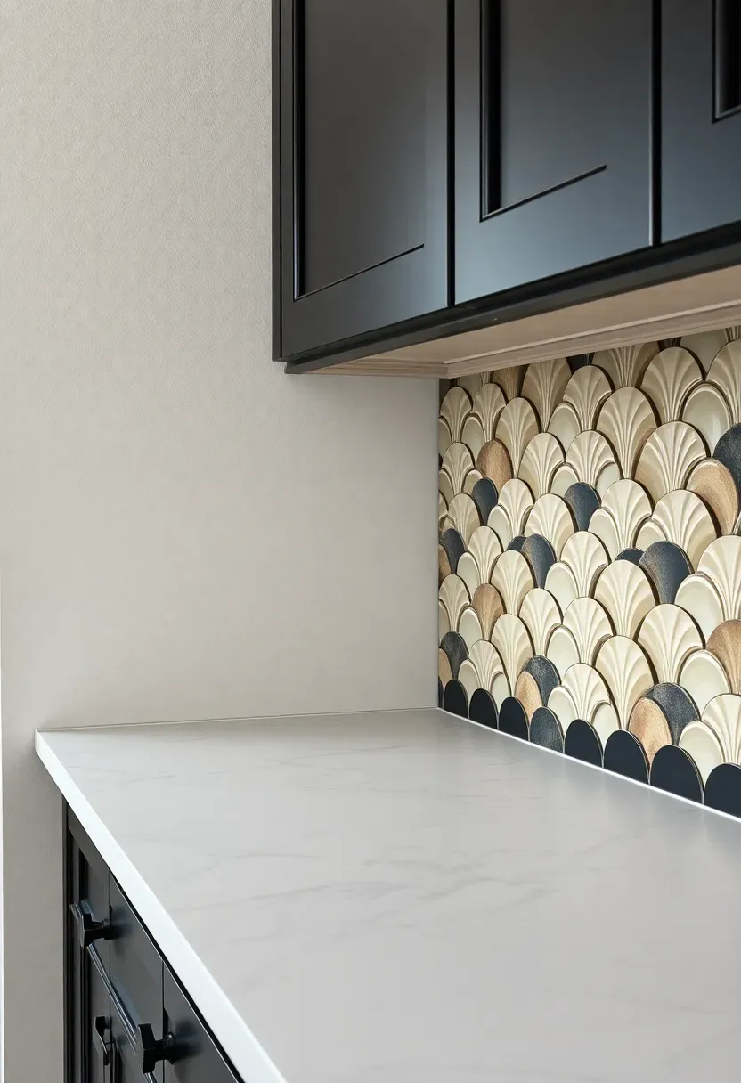 ivory moroccan fish scale fan-shaped tile backsplash with dark black painted cabinets and white marble countertop