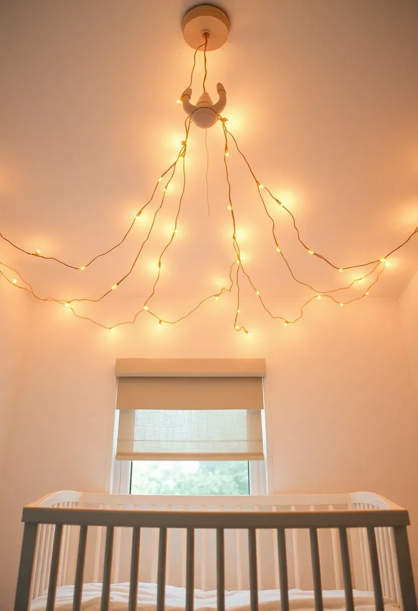 fairy light canopy ceiling in baby girl nursery with warm glowing string lights