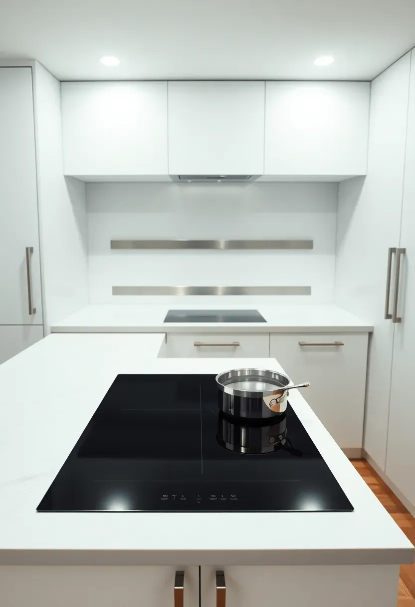 Modern basement kitchenette featuring a flush-mounted induction cooktop in a quartz countertop, ventilation hood recessed into the ceiling, and sleek cabinetry