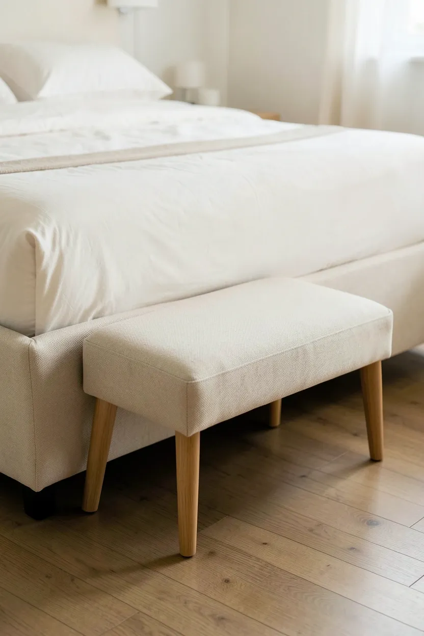 Upholstered neutral beige bench at the foot of a bed with cream bedding in a serene, organized bedroom