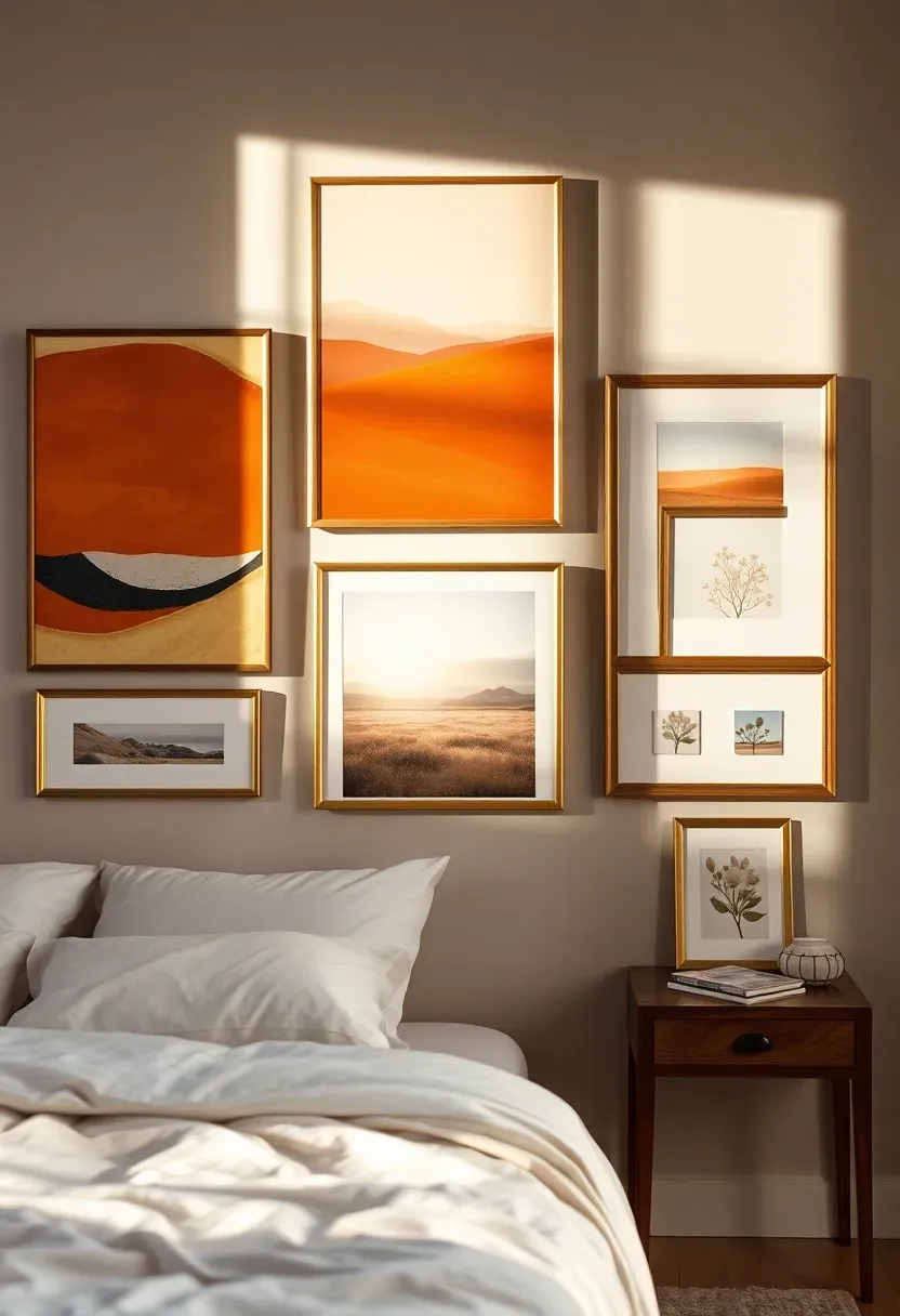 Gallery wall with warm-toned art