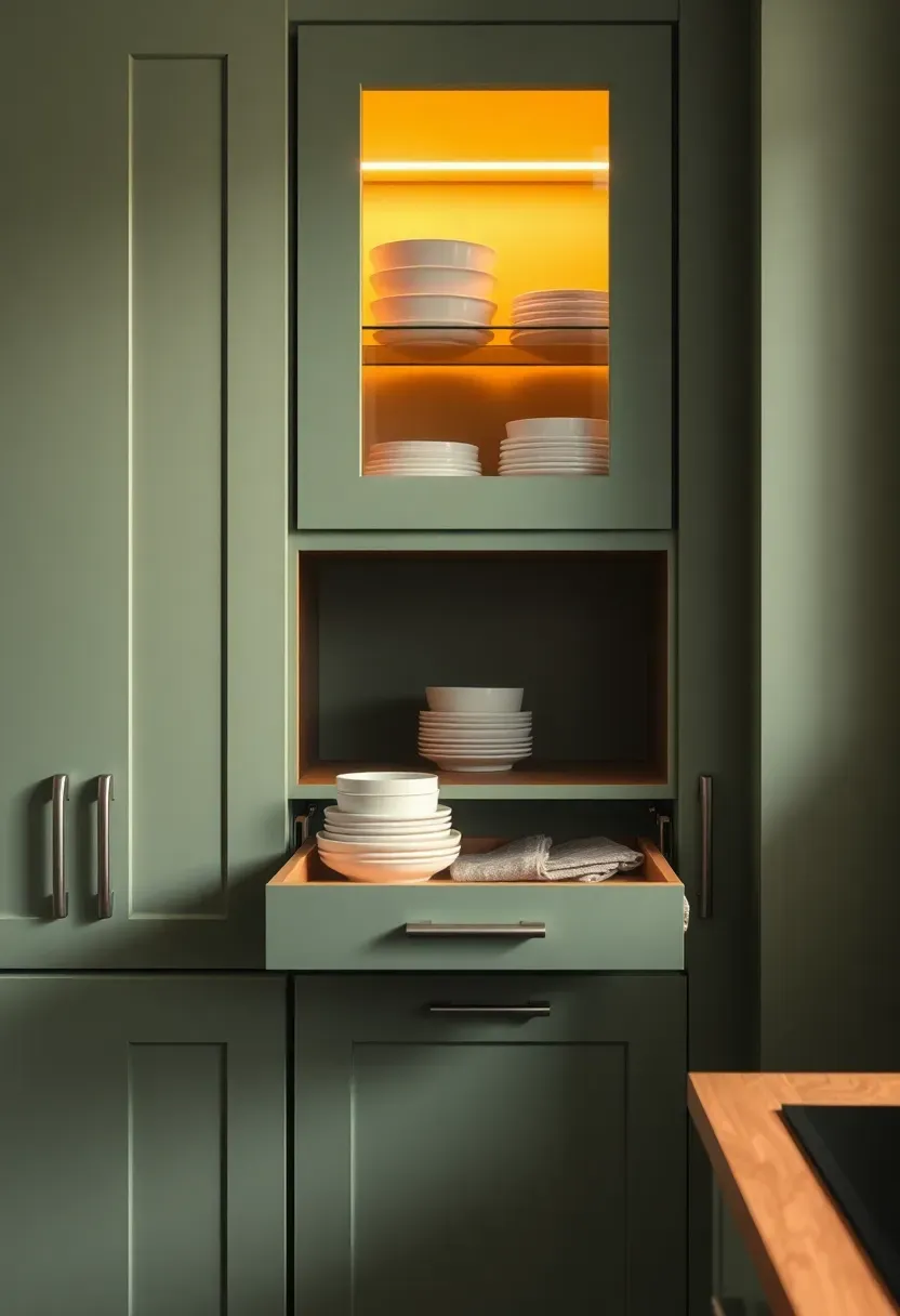 Floor-to-ceiling custom cabinetry in sage green with AI-designed pull-out shelves, drawer organizers, and integrated lighting inside cabinets