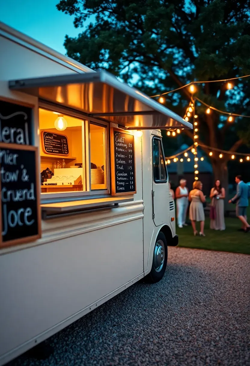 A food truck parked at the edge of a backyard wedding with guests lined up, string lights above, and a chalkboard menu on the side of the truck