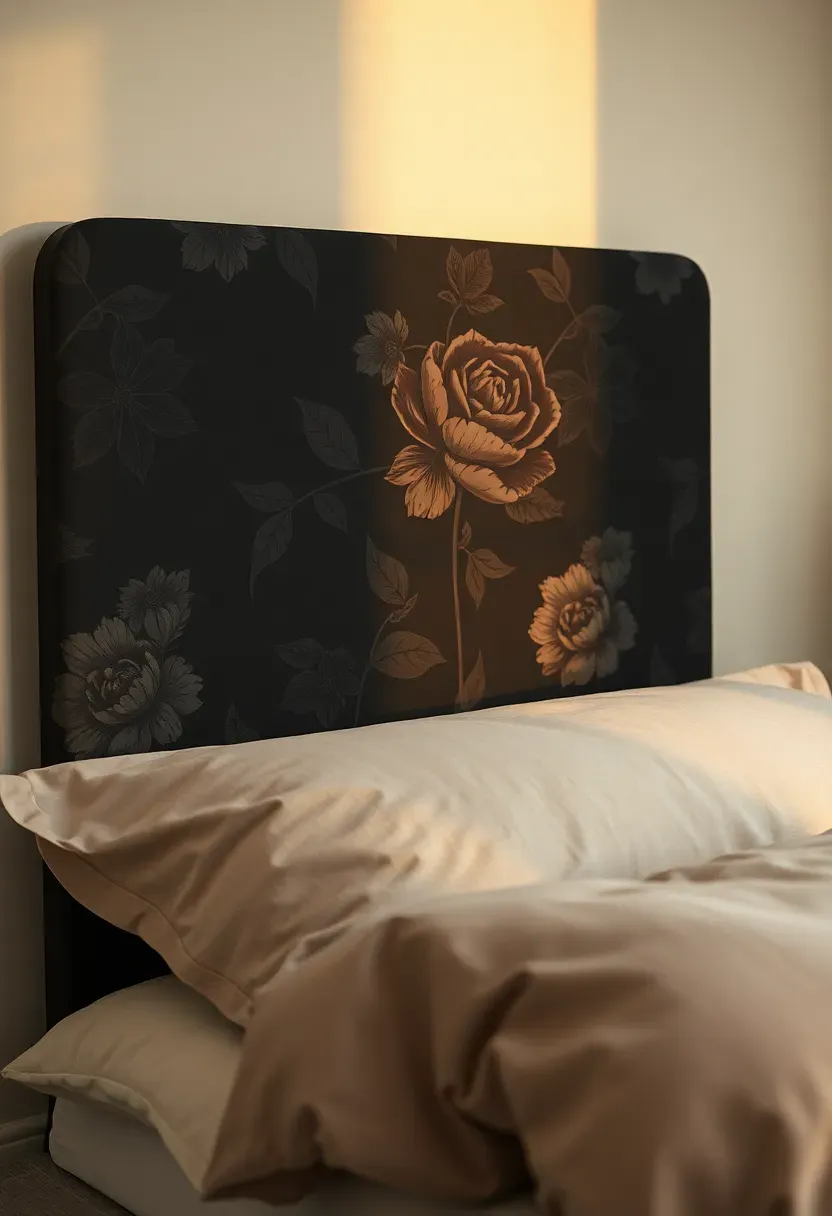 Dark floral wallpaper panel behind the bed