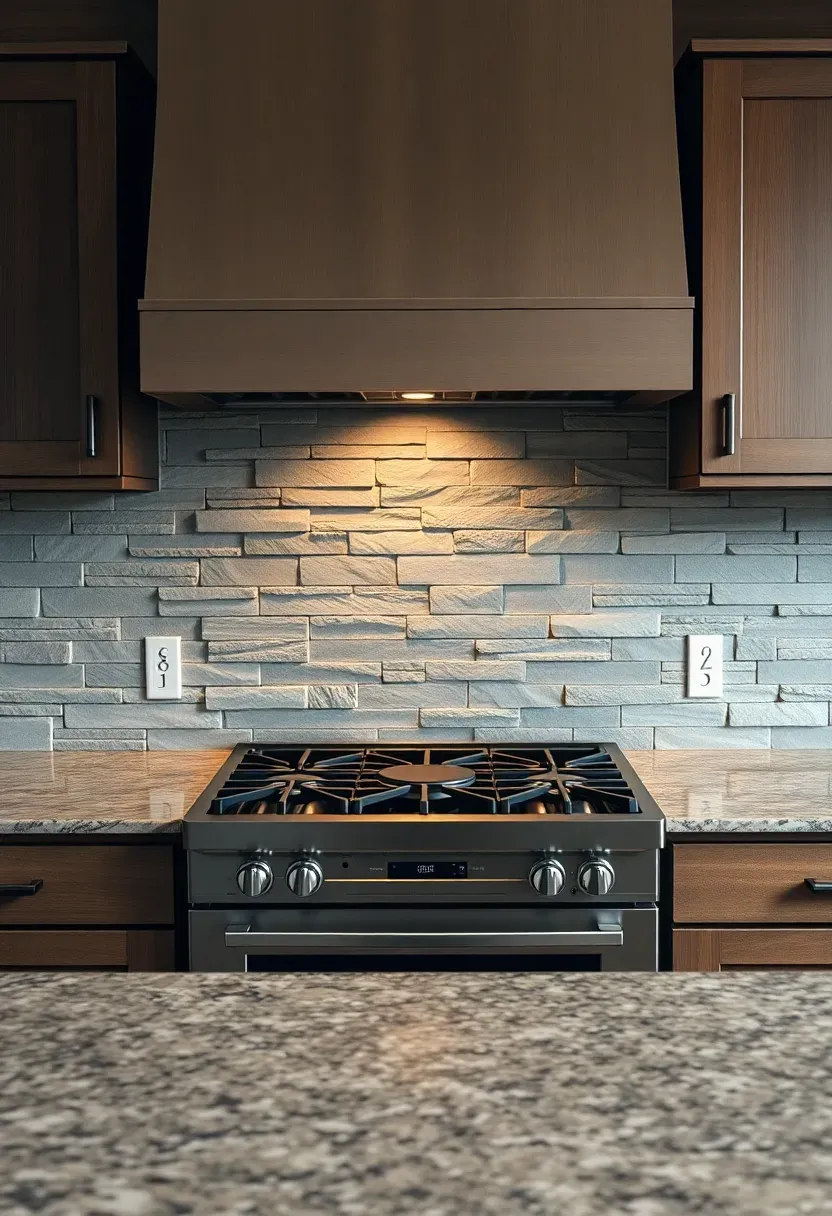 warm gray stacked stone ledger panels on kitchen backsplash behind range with fantasy brown granite counters