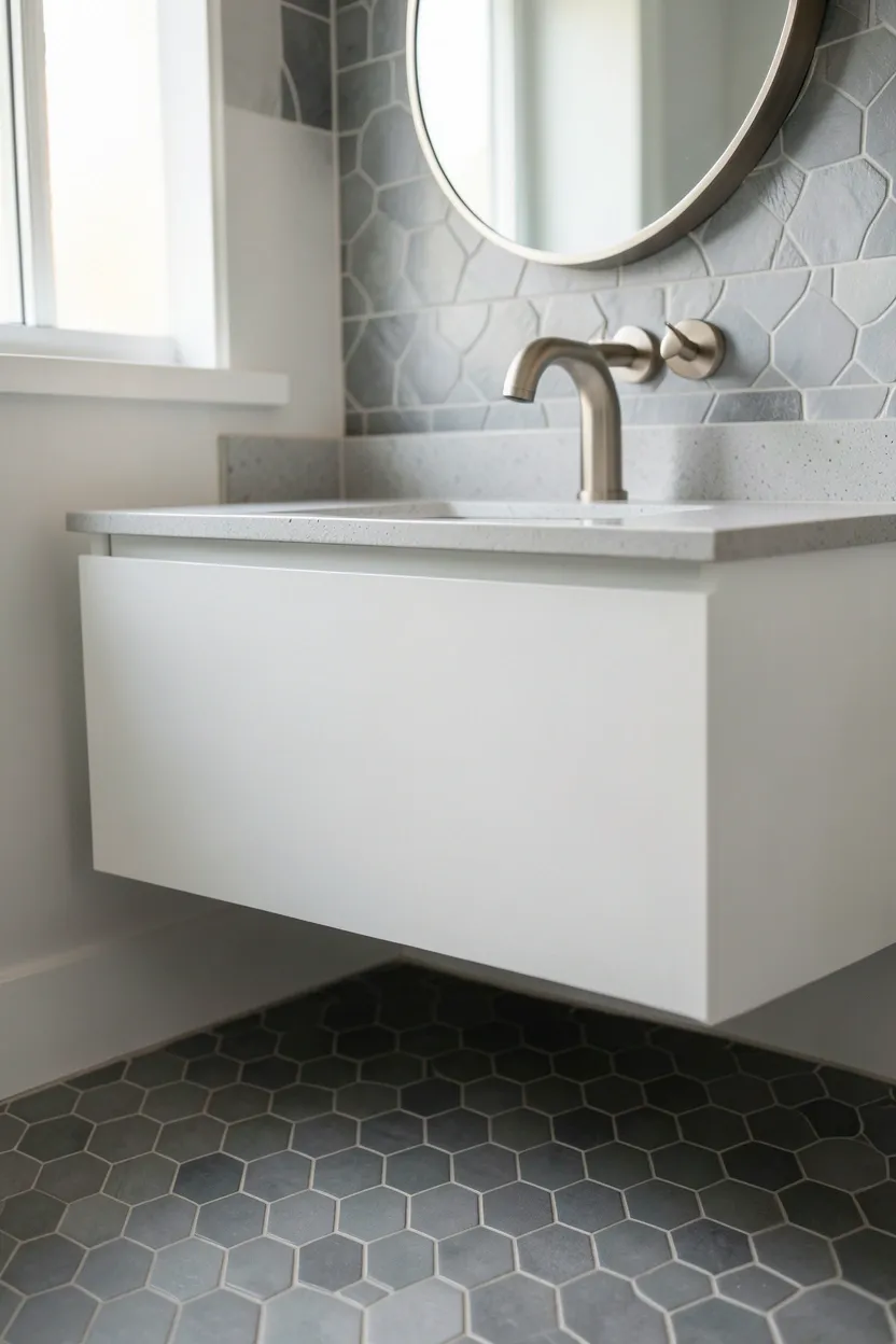 Grey hexagon mosaic floor tiles beneath a white floating vanity in a small modern bathroom
