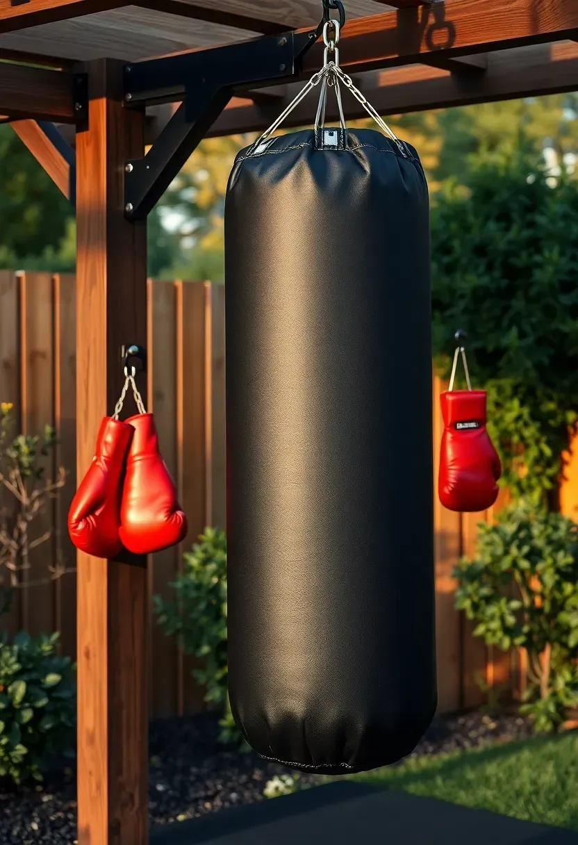 Heavy bag hanging from a sturdy steel beam bracket mounted to a backyard pergola post, boxing gloves on a hook nearby, with rubber mat underneath and garden fence behind