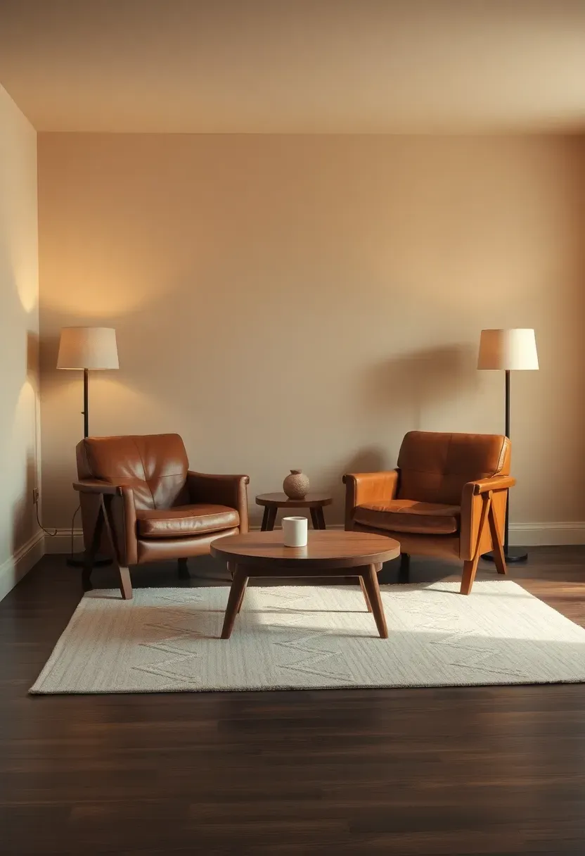 basement walls painted in accessible beige with warm wood furniture and soft area rug