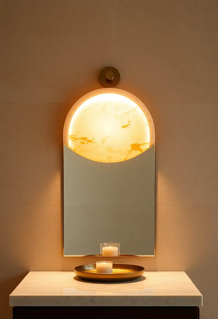 Natural alabaster half-moon wall sconce casting a warm glow above a bathroom mirror with limestone walls