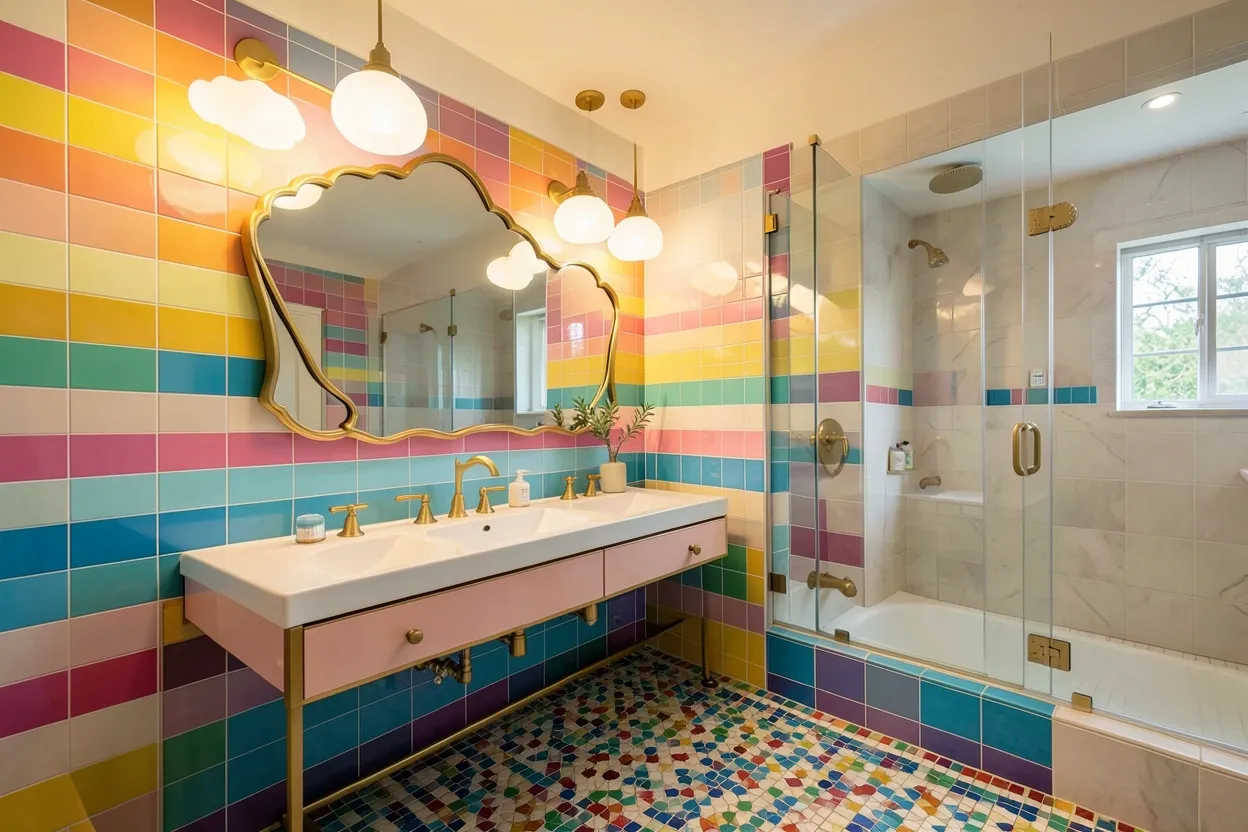 Collage of Toca Boca mansion bathroom ideas featuring rainbow tiles, pastel colors, and whimsical playful decor for kids and families