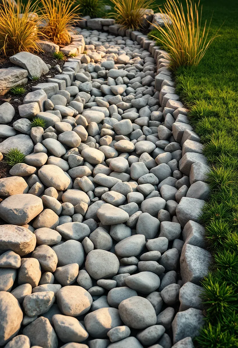 Dry creek bed made of river rocks winding through a backyard with native grasses planted along the banks