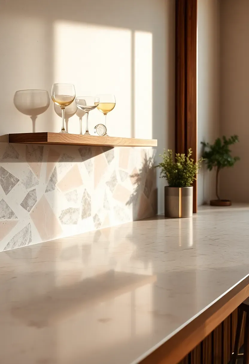 terrazzo slab backsplash with large marble chips behind a mid-century modern home bar