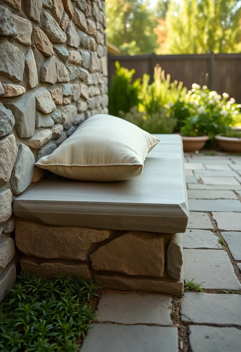 Low natural stone seat wall bordering a flagstone patio with cushions on top and a backyard garden view beyond