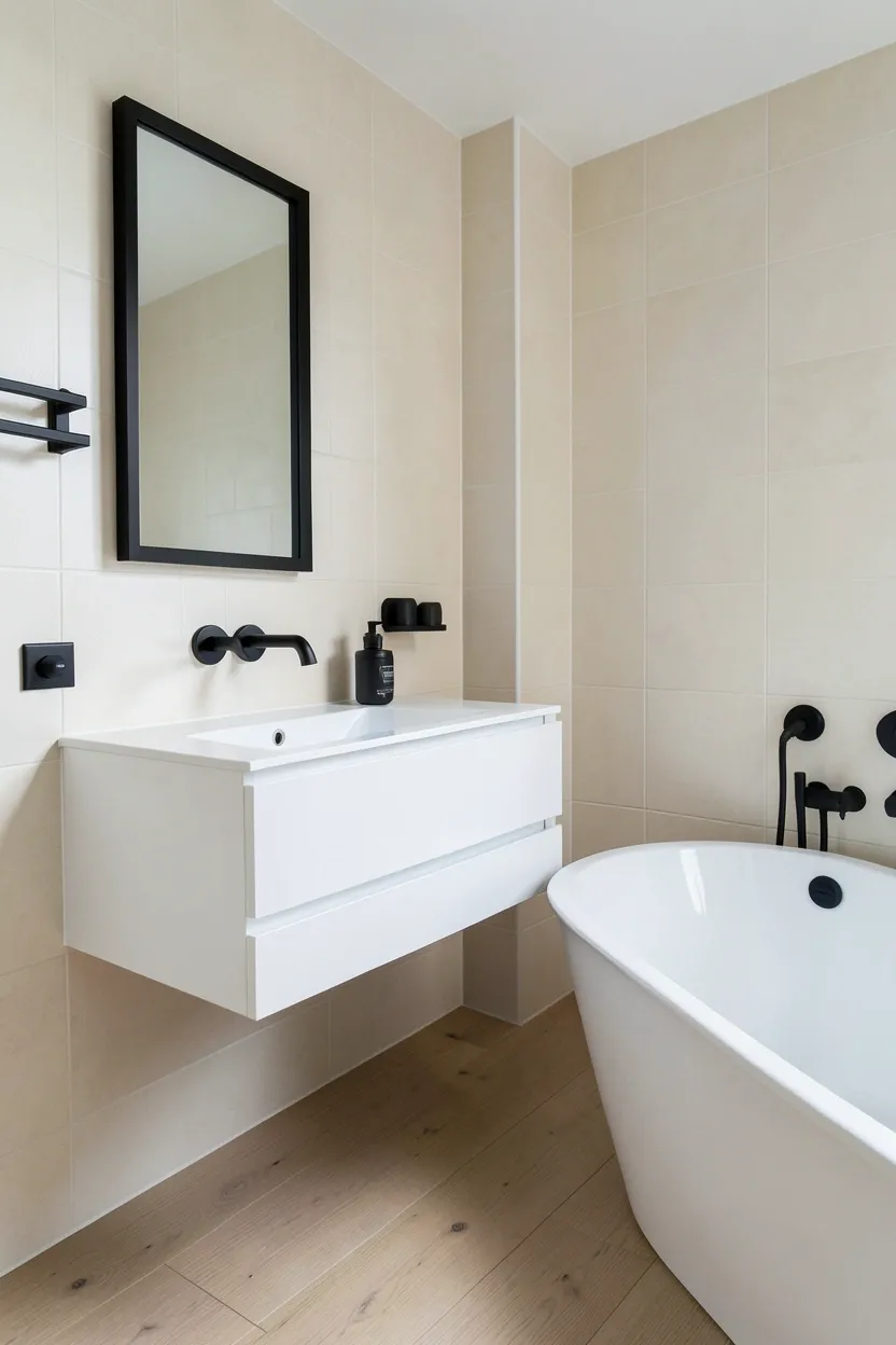 Hyper-realistic eye-level photograph of matte black hardware in zen bathroom. Floating white vanity with matte black wall-mounted faucet, black towel bar on wall, black shower control handles. Walls in pale cream ceramic tiles. Floor in light wood planks. White freestanding tub with matte black overflow and drain. Minimal space: single black framed mirror. Soft natural daylight. Materials: matte black fixtures, white ceramic, oak wood. Modern contrast mood. Focus on black hardware details. No text, no logos, no watermarks.</p>