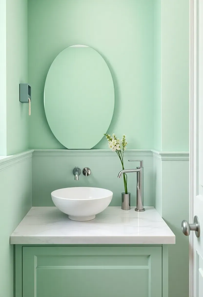 Mint green bathroom with Carrara marble countertop, white vessel sink, and chrome fixtures