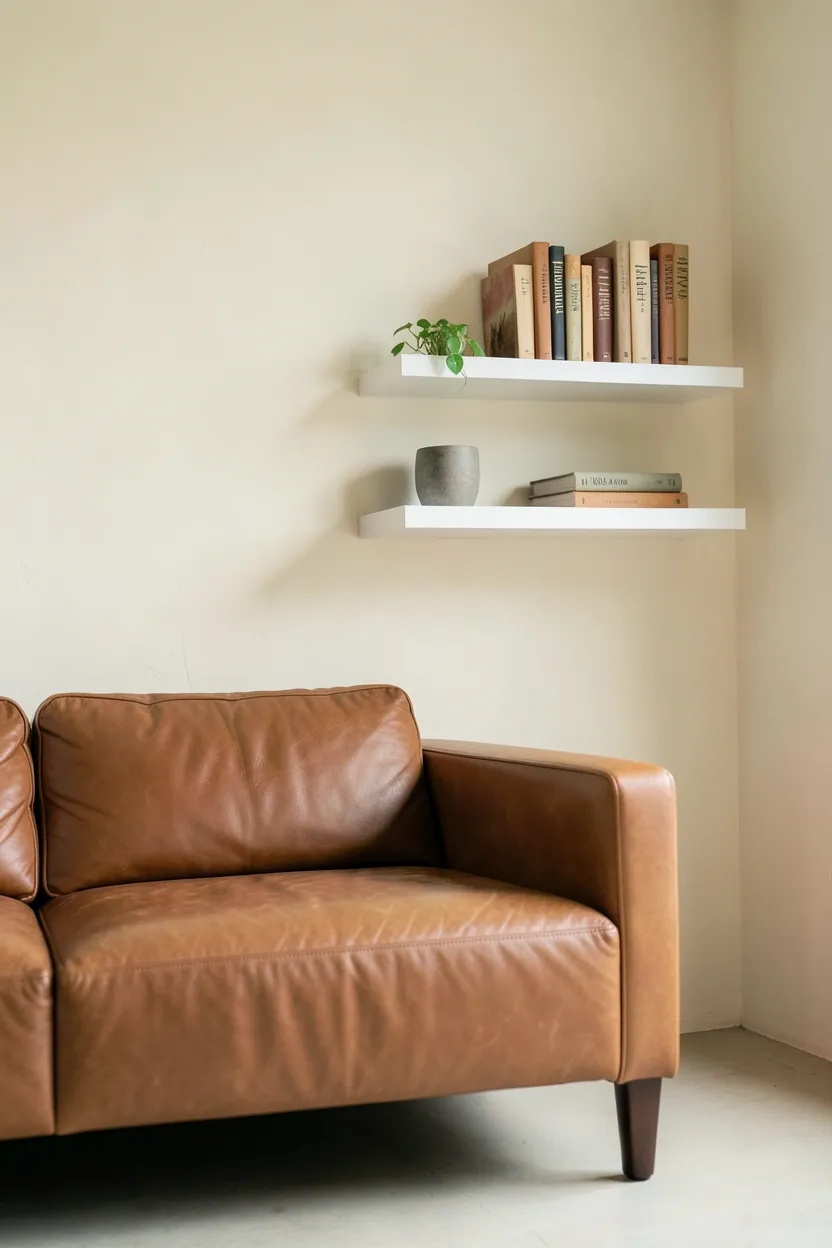 White floating shelves with minimal decor above a brown sofa in a clean minimalist living room, renter-friendly no permanent fixtures