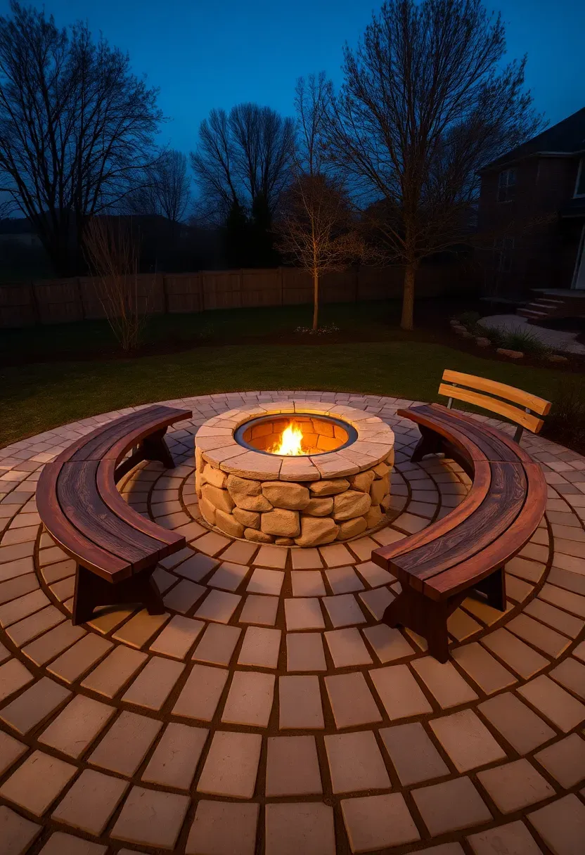 Circular paver patio with a stone fire pit in the center surrounded by low curved benches in an evening backyard setting