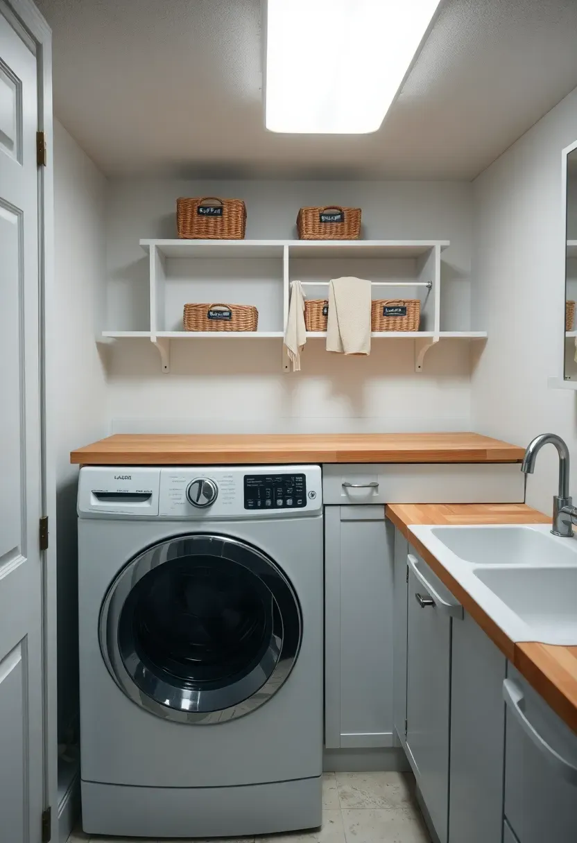 Basement laundry room with front-loading washer and dryer, a long folding counter above them, hanging rod for air drying, and organized shelving with labeled bins