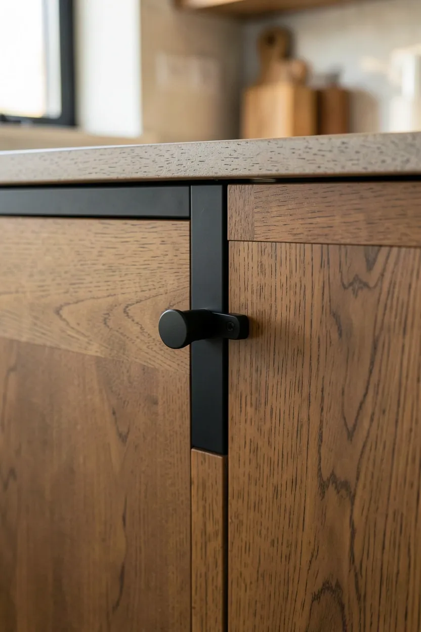 Matte black cabinet pulls and faucet contrasting warm wood and natural stone surfaces in an organic modern kitchen