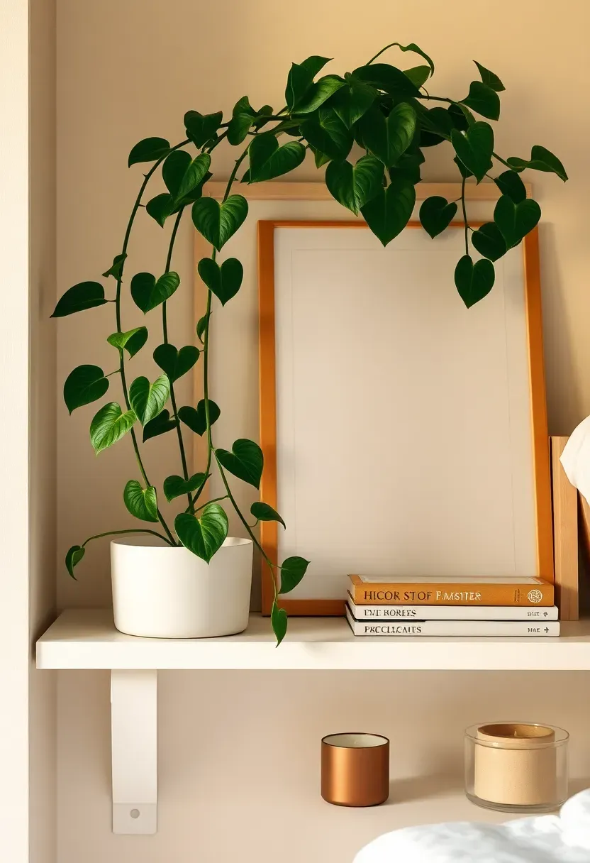 Bedroom shelf styled with a trailing pothos plant in a white ceramic pot, a framed art print, a stack of books, and a small candle holder