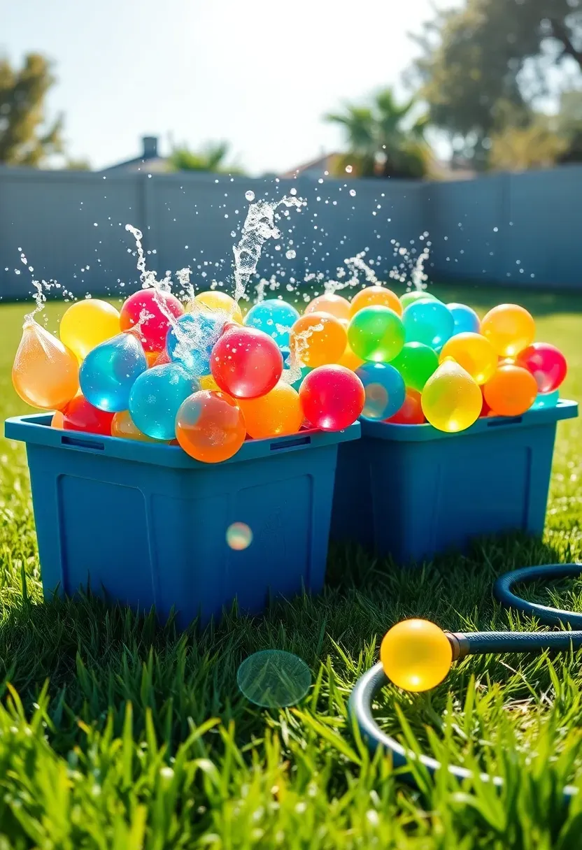 Teens having a water balloon fight in a sunny backyard with buckets of colorful water balloons and a splash zone on the lawn