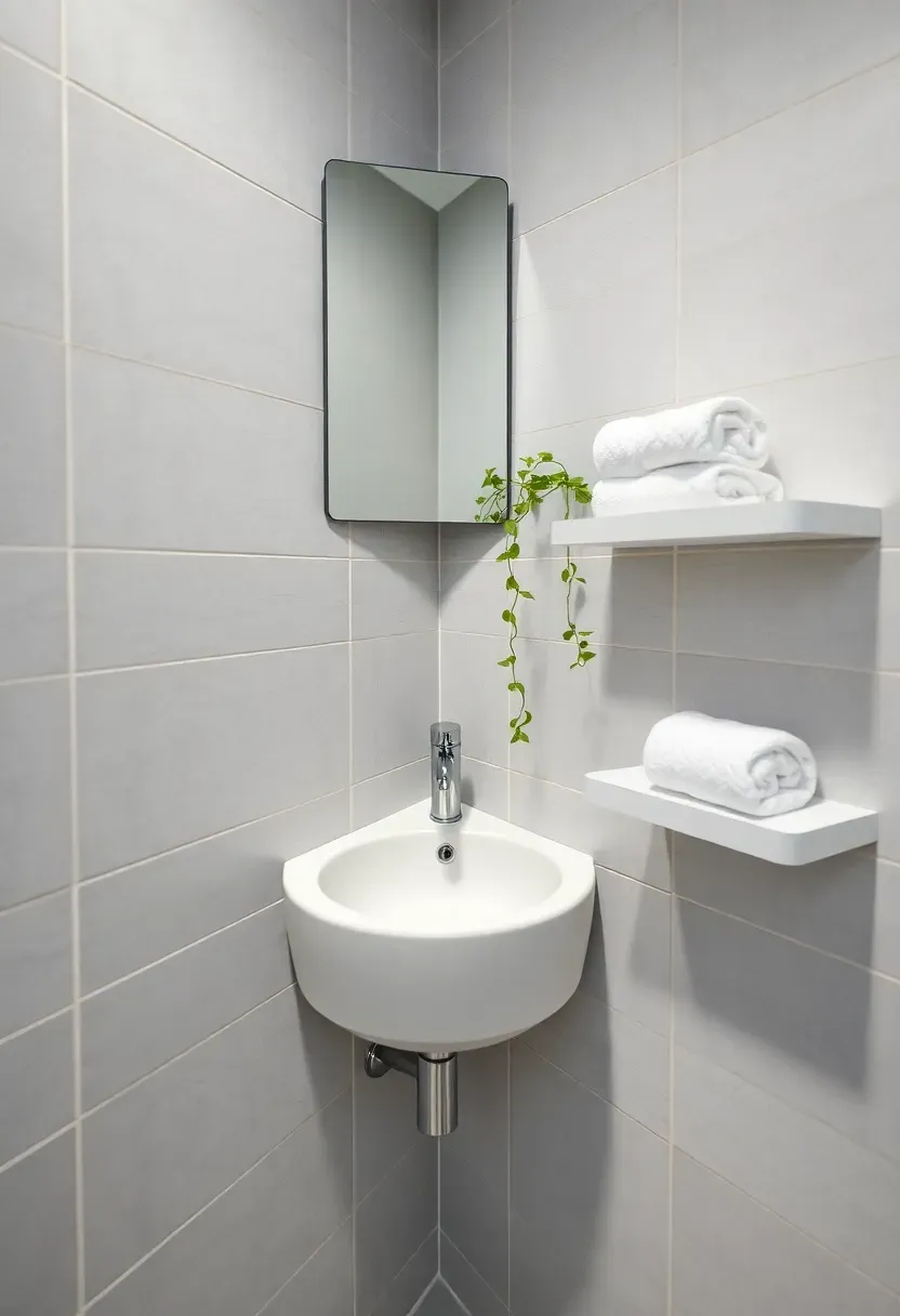Compact corner sink installation with angled mirror and smart storage shelving in a small bathroom