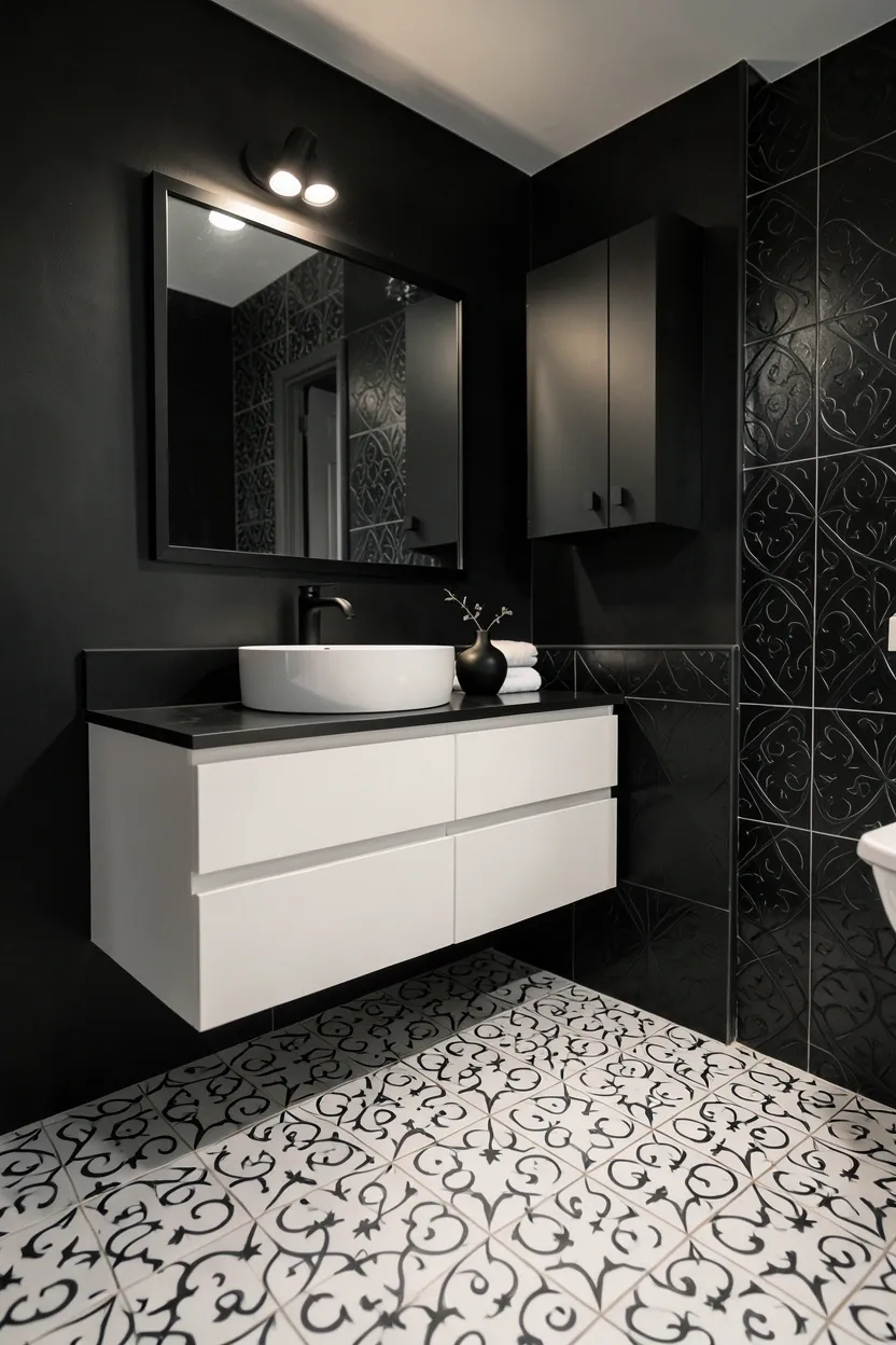 White arabesque tile floor with curved pattern against dramatic black walls and brass fixtures — elegant monochrome bathroom