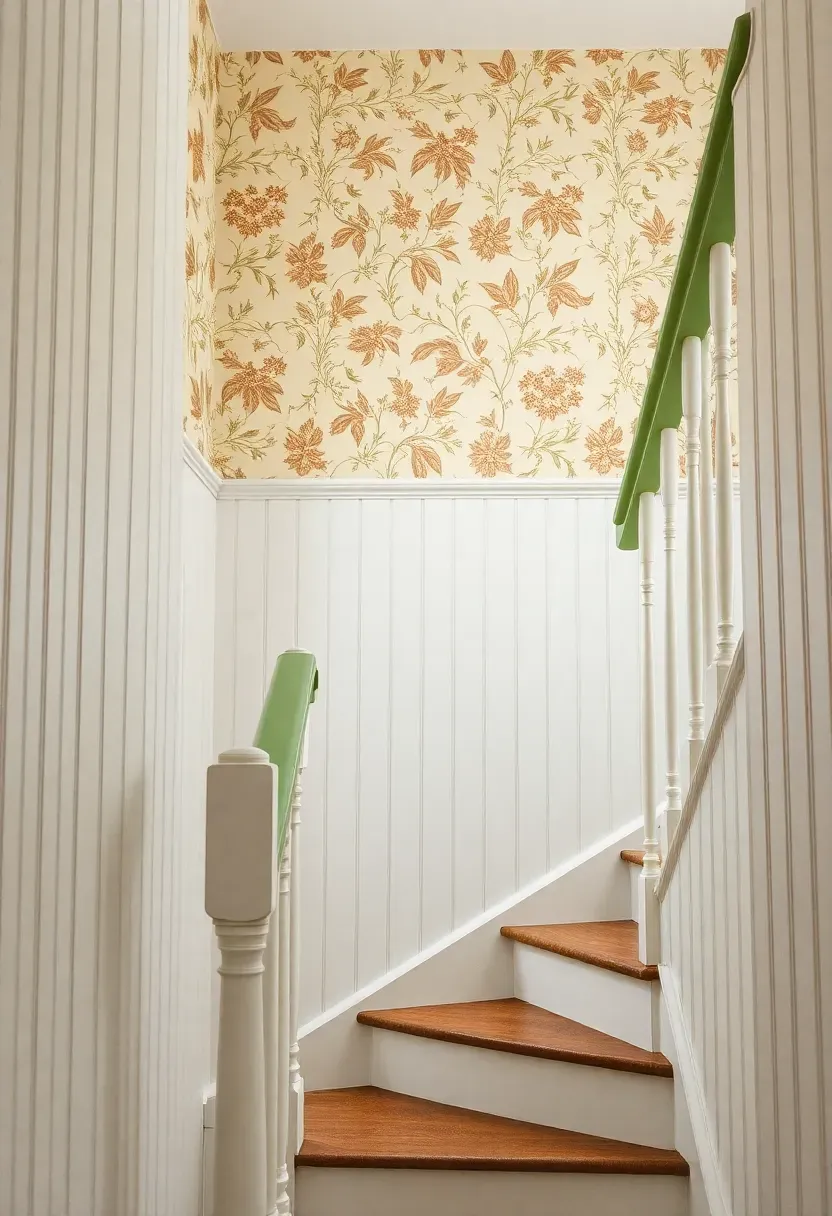 Sage green cottage staircase with white beadboard panelling, sage painted handrail and newel post, white spindle balusters, and floral wallpaper on the landing