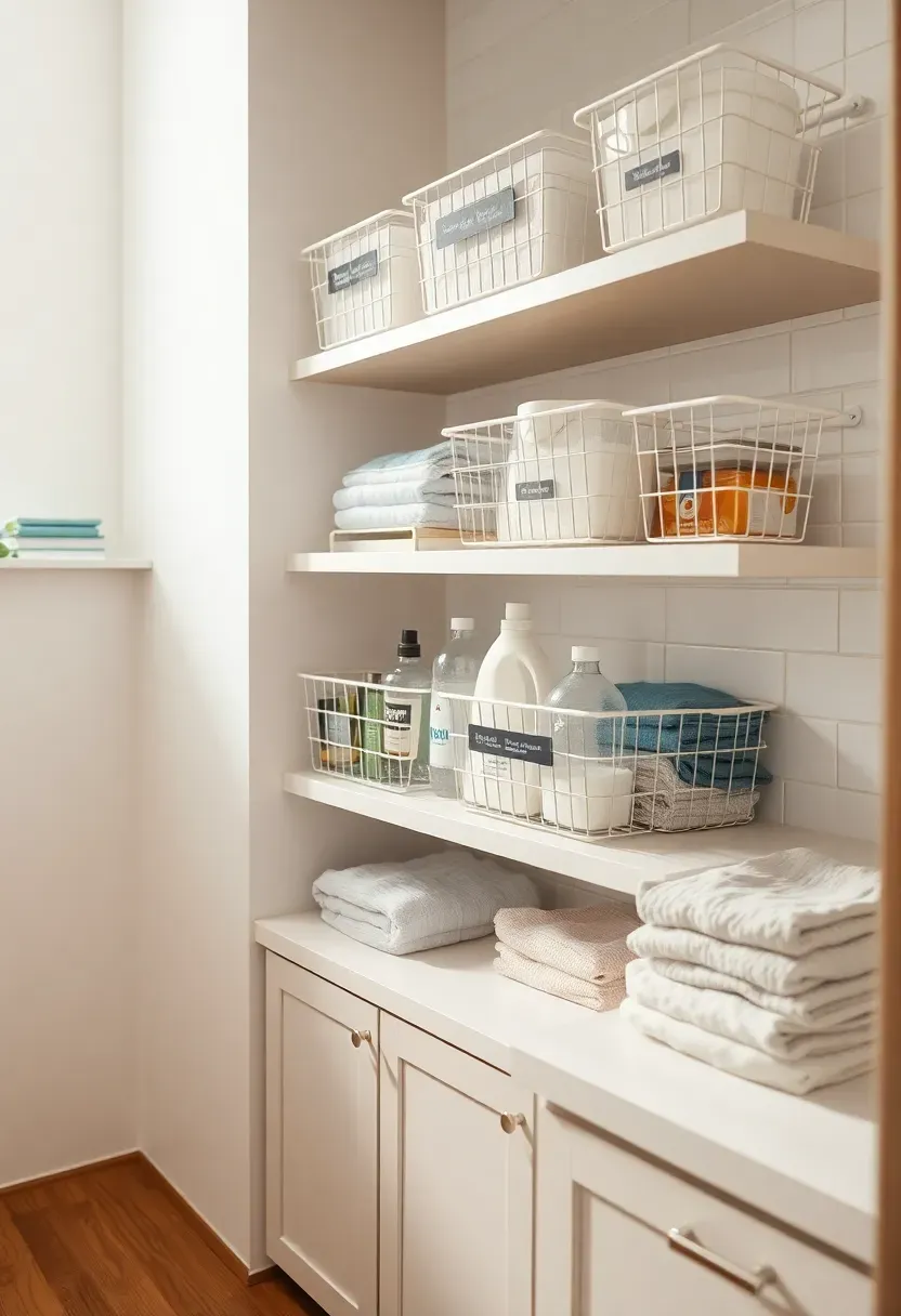 Hyper-realistic 3/4 view of white floating wall shelves with multiple white wire bins, black labels visible, glass detergent bottles, fabric softener, stain remover, white tiled walls, countertop below with folded clothes, warm oak floor. Materials: painted wood shelving, wire bins, glass containers, ceramic tile. Warm diffused natural light from side, clean shadows. Family-friendly organized mood, sharp focus on bin labels. No text, no logos, no watermarks.</p>