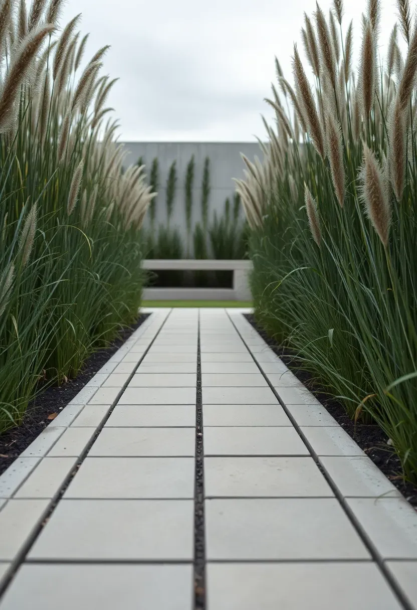 Narrow modern walkway with stacked bond gray pavers lined by ornamental grasses leading to a backyard seating area