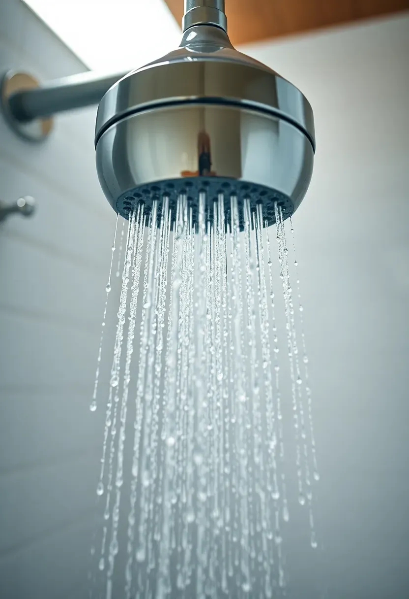 Hyper-realistic detail view of low-flow showerhead in modern tiny house bathroom showing water spray pattern. Materials: chrome low-flow showerhead, white tile background, water droplets frozen in motion. Bright clean lighting, water conservation technology. Efficient fixture design, sustainable living. Shallow depth of field, bathroom elements blurred. No text, no logos.</p>