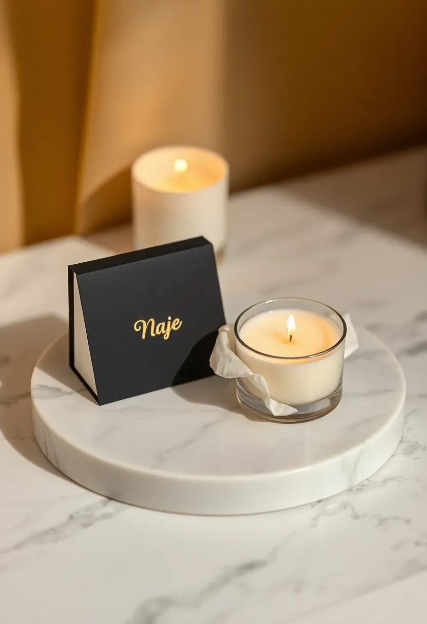 personalized matchbox with a small votive candle and a printed label reading light a match for the new parents on a marble tray