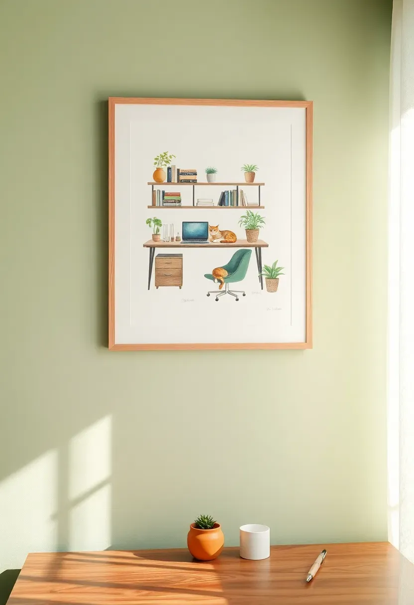 Custom illustrated artwork of a cozy home office workspace with a desk, shelves, and a cat in a whimsical watercolor style on a wall