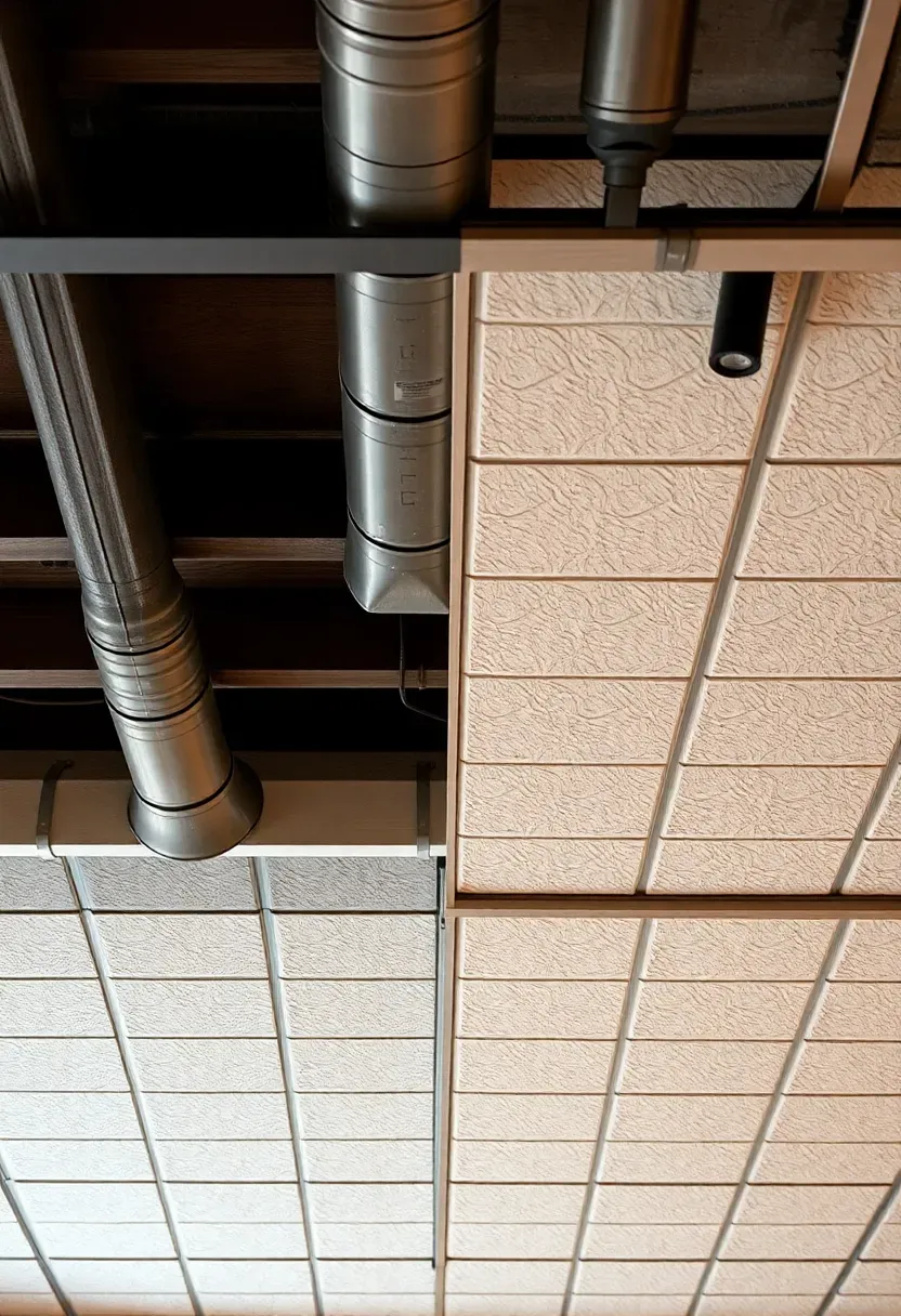 basement ceiling comparison showing painted exposed joists on one side and drop ceiling on the other